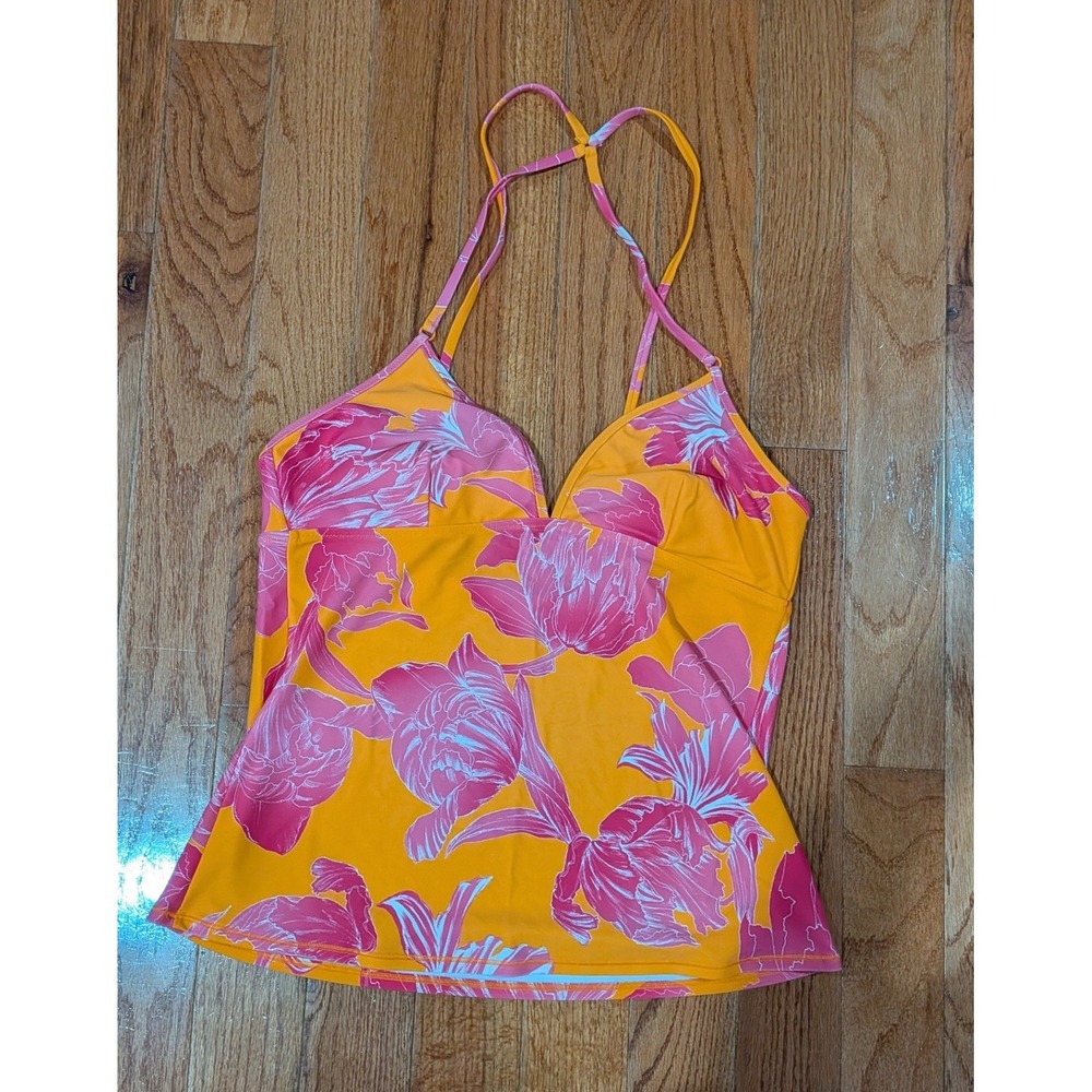 Athleta Floral Tankini Swim Top Orange Pink V-Neck Adjustable Straps XL